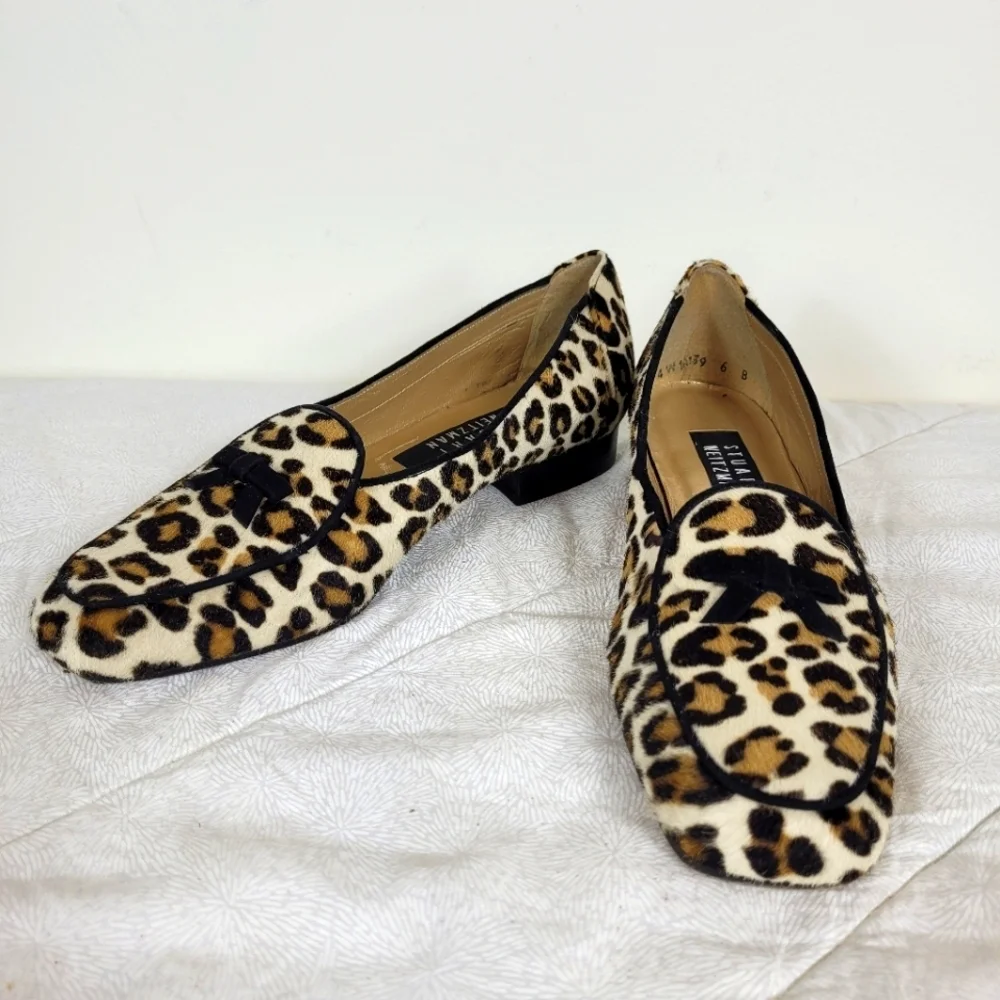 Stuart Weitzman calf hair classic leopard print loafers black bow heel office 6